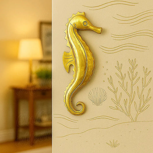Gold seahorse wall art in a cozy living room, Moroccan handmade metal decoration