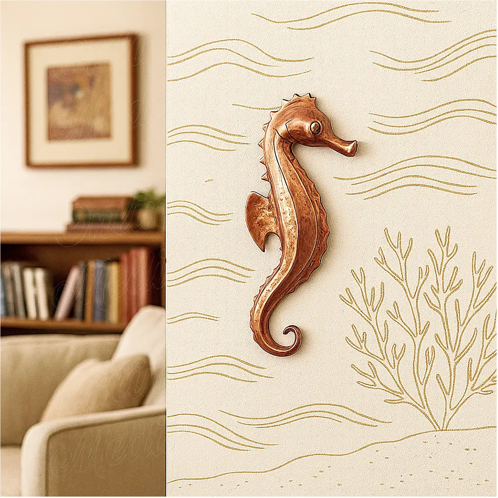 Copper seahorse wall sculpture with coral illustration, Moroccan hammered artisan decor