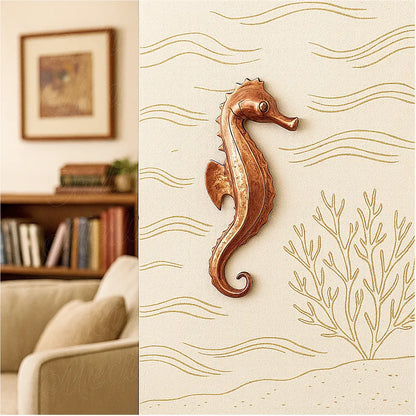 Copper seahorse wall sculpture with coral illustration, Moroccan hammered artisan decor