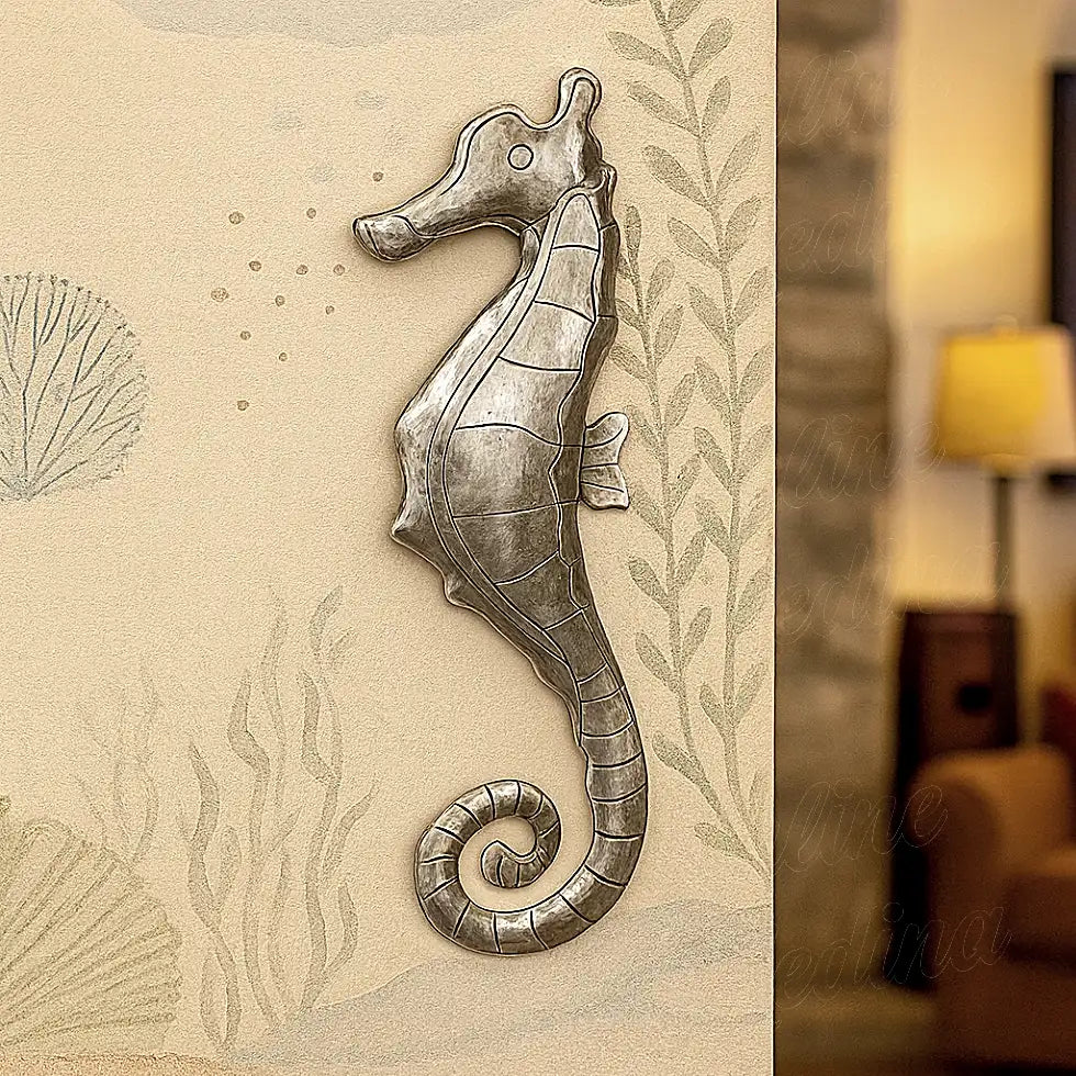 Silver seahorse wall decoration with aquatic mural, Moroccan handcrafted metal sculpture