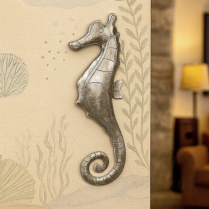 Silver seahorse wall decoration with aquatic mural, Moroccan handcrafted metal sculpture