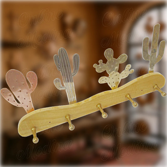 Handcrafted Moroccan wall hook with cactus motifs in copper, brass, and tin-silver alloy on solid beech wood – artisanal decor