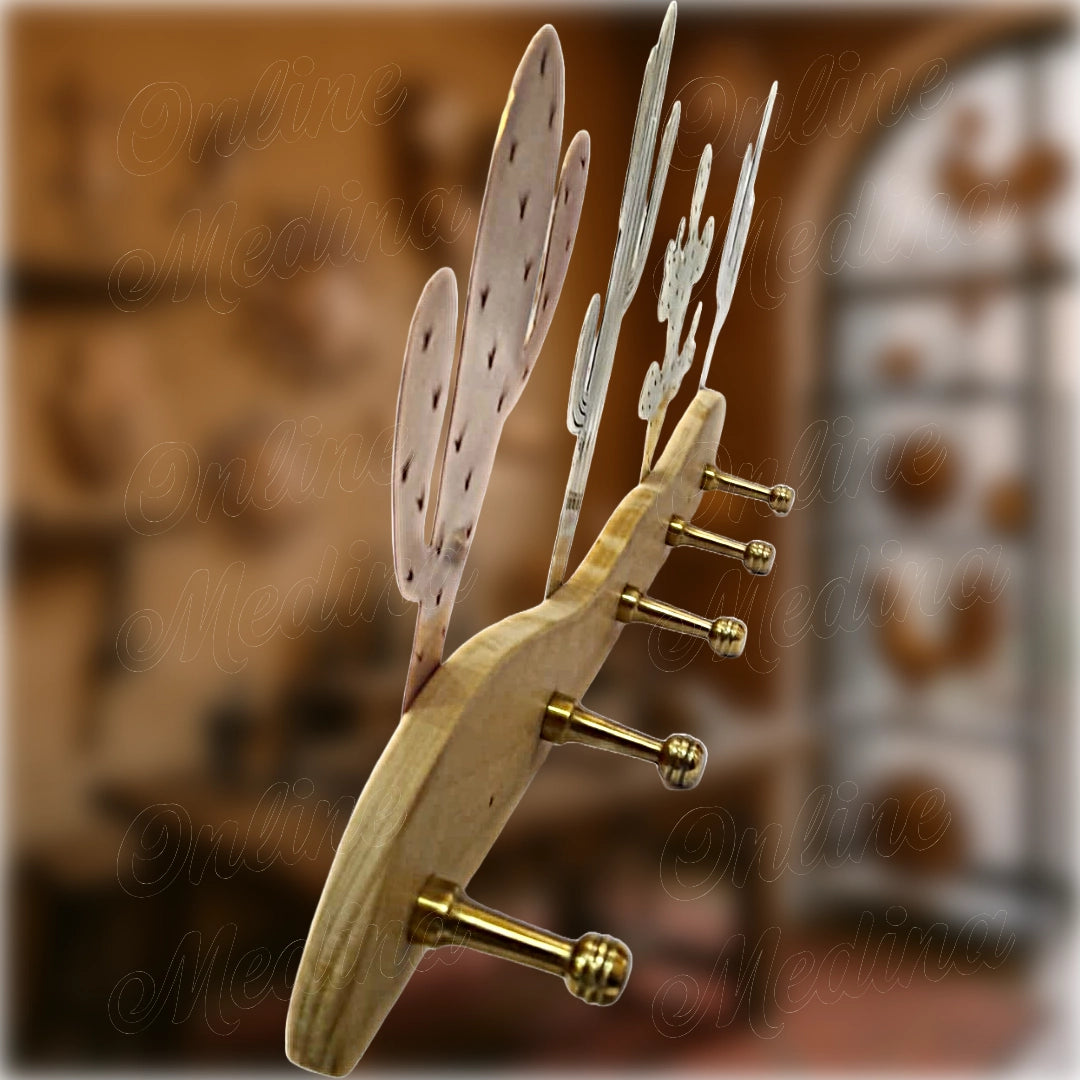 Side view of handcrafted Moroccan cactus wall hanger with 5 brass hooks on carved beech wood – unique mixed metal design