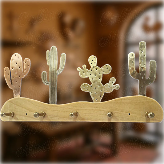 Front view of cactus-themed Moroccan wall rack in copper, brass, and silver-tone metals – artisanal hook on beech wood base