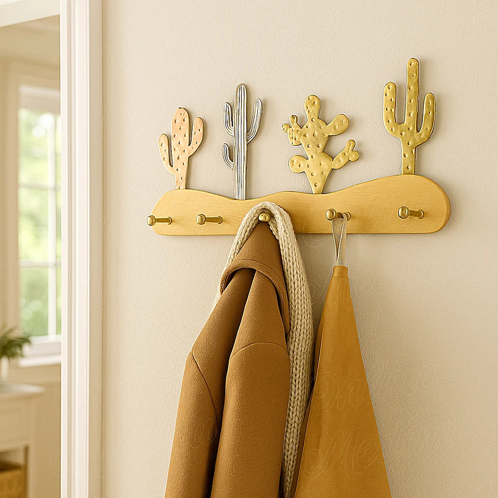 Moroccan handcrafted cactus wall hook rack made of brass, copper, and silver metal on beech wood base, used as a stylish coat rack in an entryway