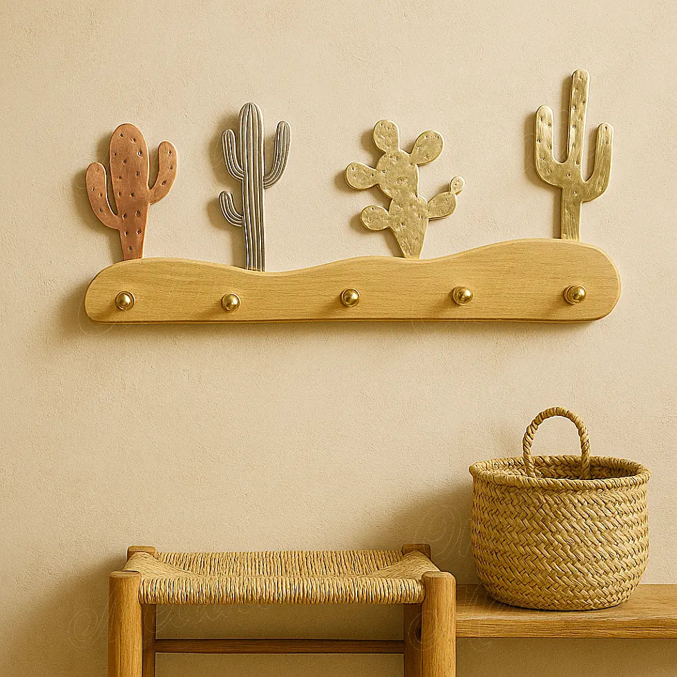 Handmade Moroccan cactus coat rack with mixed metal cacti and brass hooks, displayed above a woven bench and basket in a warm interior
