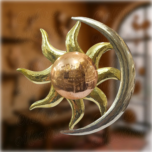Handmade brass and copper sun and moon wall sculpture – Moroccan artisanal decoration.