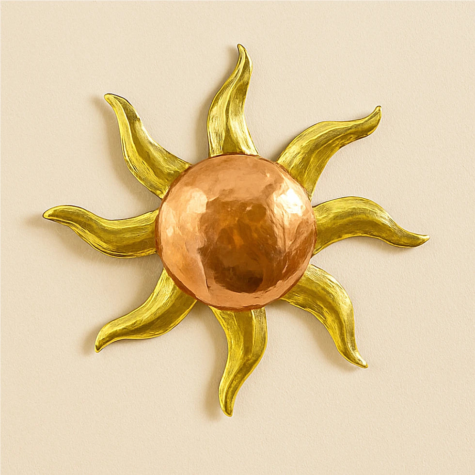Handcrafted wall decor sun made of hammered copper and golden brass