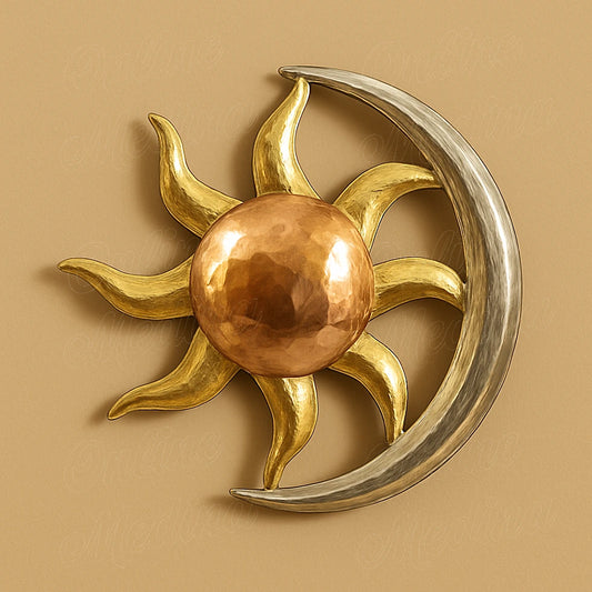 Copper, brass and silver alloy sun and moon wall decoration on beige background