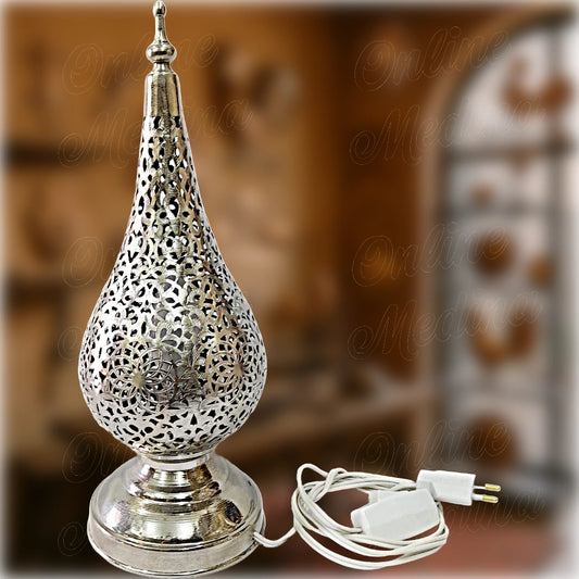 Moroccan pierced metal lamp in silver alloy – tear-shaped decorative lighting