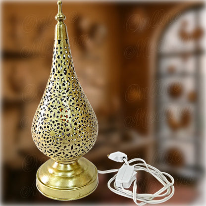 Handmade Moroccan teardrop lantern in yellow brass – pierced metal lighting decor