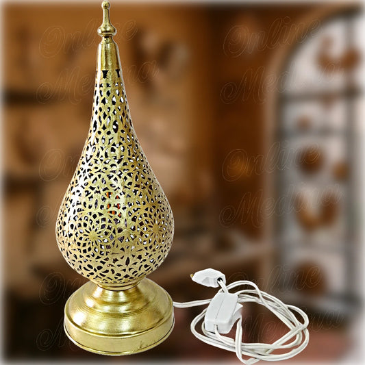 Handmade Moroccan teardrop lantern in yellow brass – pierced metal lighting decor