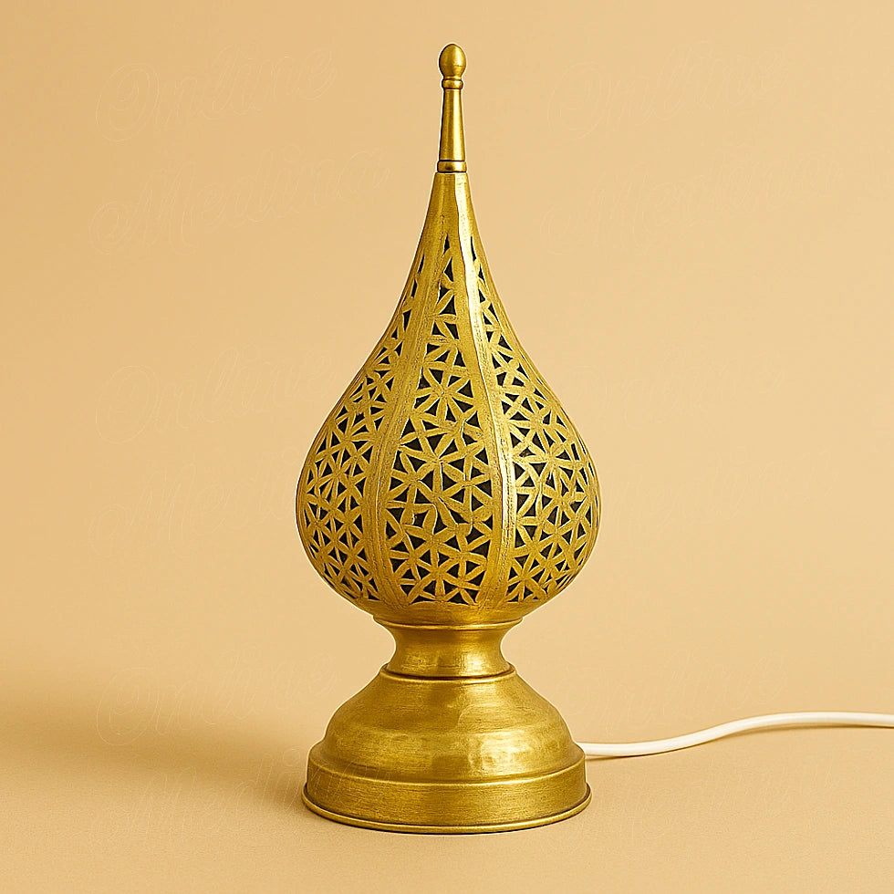 Moroccan brass lamp with geometric hammered pattern and pointed finial, artisan-made decorative lighting from Online Medina