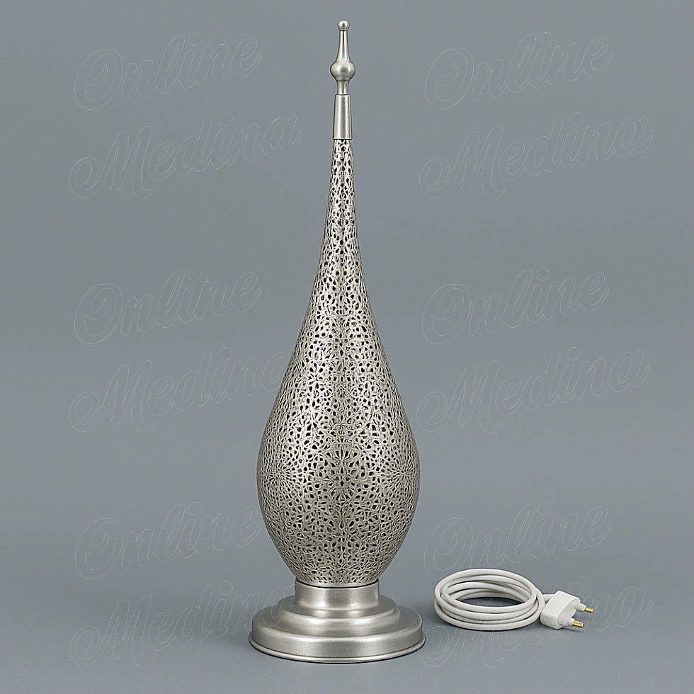 Moroccan lamp in silver-tin alloy, displayed on a plain gray background with shiny finish and finely detailed cut patterns.