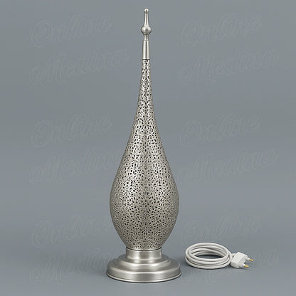 Moroccan lamp in silver-tin alloy, displayed on a plain gray background with shiny finish and finely detailed cut patterns.