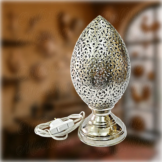 Egg-shaped Moroccan table lamp in perforated silver metal – handcrafted by a master artisan