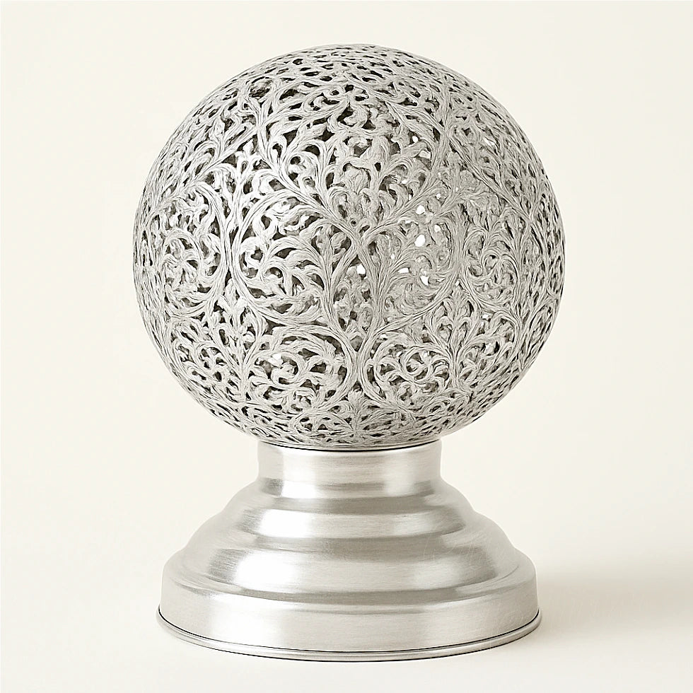 Handcrafted Moroccan silver alloy globe lamp with detailed floral filigree
