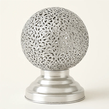 Handcrafted Moroccan silver alloy globe lamp with detailed floral filigree