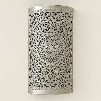 Silver Moroccan wall light handmade from tin alloy with fine floral and geometric perforations