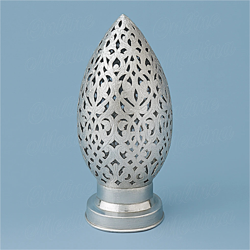 Silver Moroccan egg-shaped candle holder in tin-silver alloy, hand-pierced design