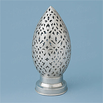 Silver Moroccan egg-shaped candle holder in tin-silver alloy, hand-pierced design