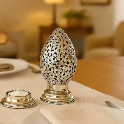 Silver Moroccan candle holder in tin-silver alloy with tealight, artisanal home decoration
