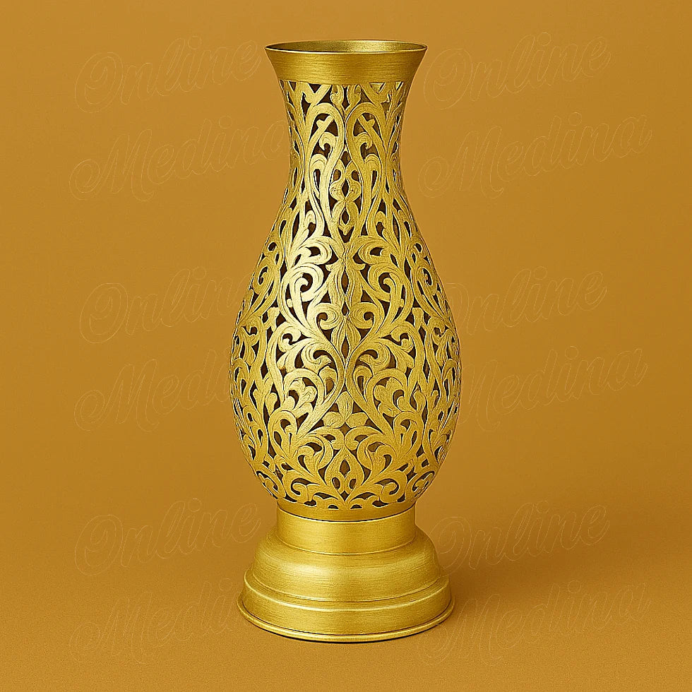 Handcrafted Moroccan brass amphora candle holder on a plain background