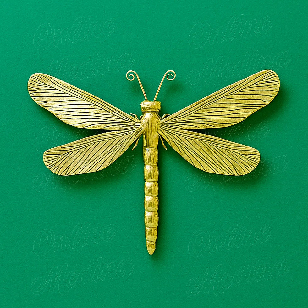 Golden brass dragonfly wall decor handmade in Morocco, artisan hammered metal artwork
