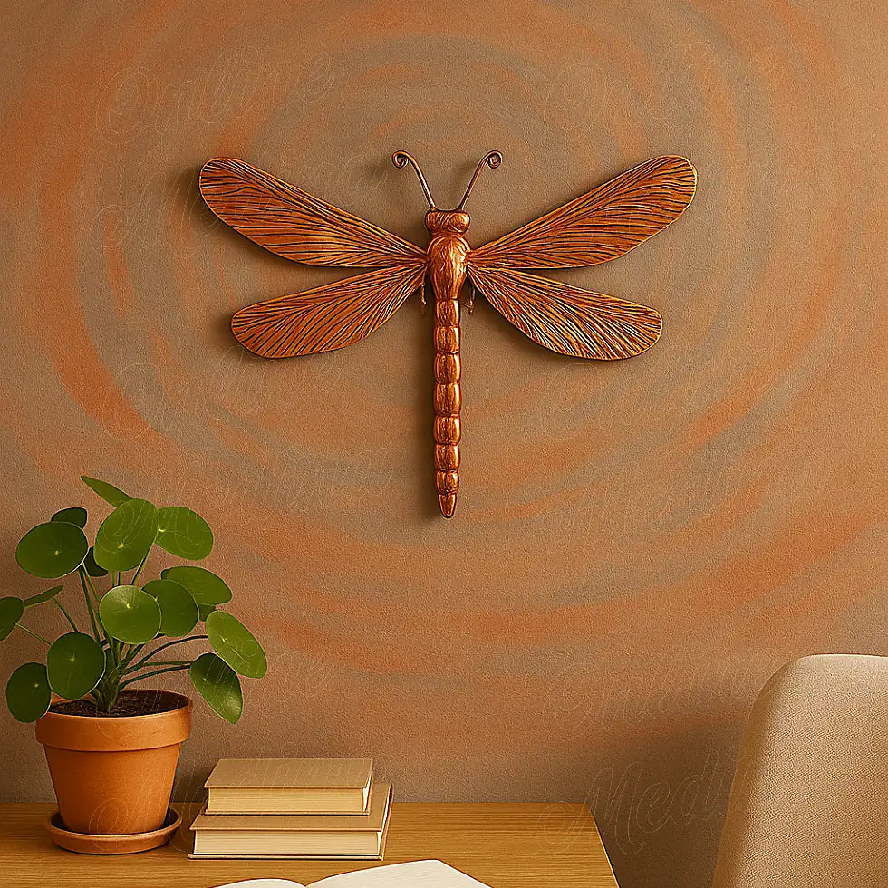 Handmade copper dragonfly wall decoration with engraved wings, Moroccan artisan sculpture