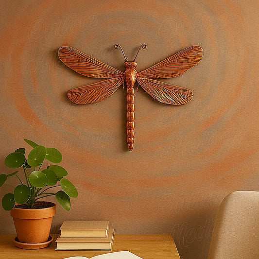 Handmade copper dragonfly wall decoration with engraved wings, Moroccan artisan sculpture