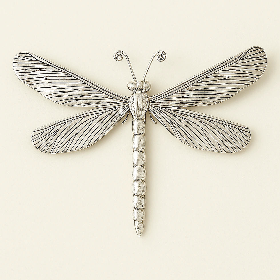 Handcrafted silver dragonfly wall decor by Online Medina, artisanal Moroccan metal sculpture