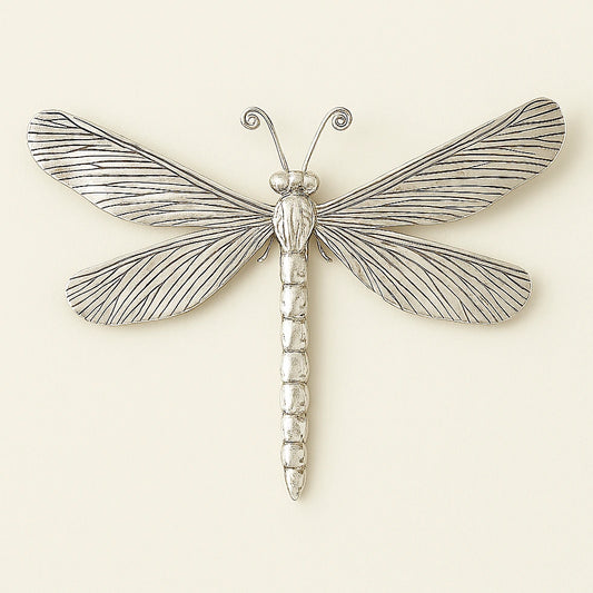 Handcrafted silver dragonfly wall decor by Online Medina, artisanal Moroccan metal sculpture