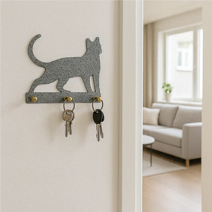 Galvanized steel cat-shaped wall key holder with brass hooks