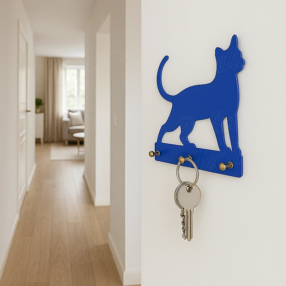 Blue painted metal cat wall key holder with brass hooks