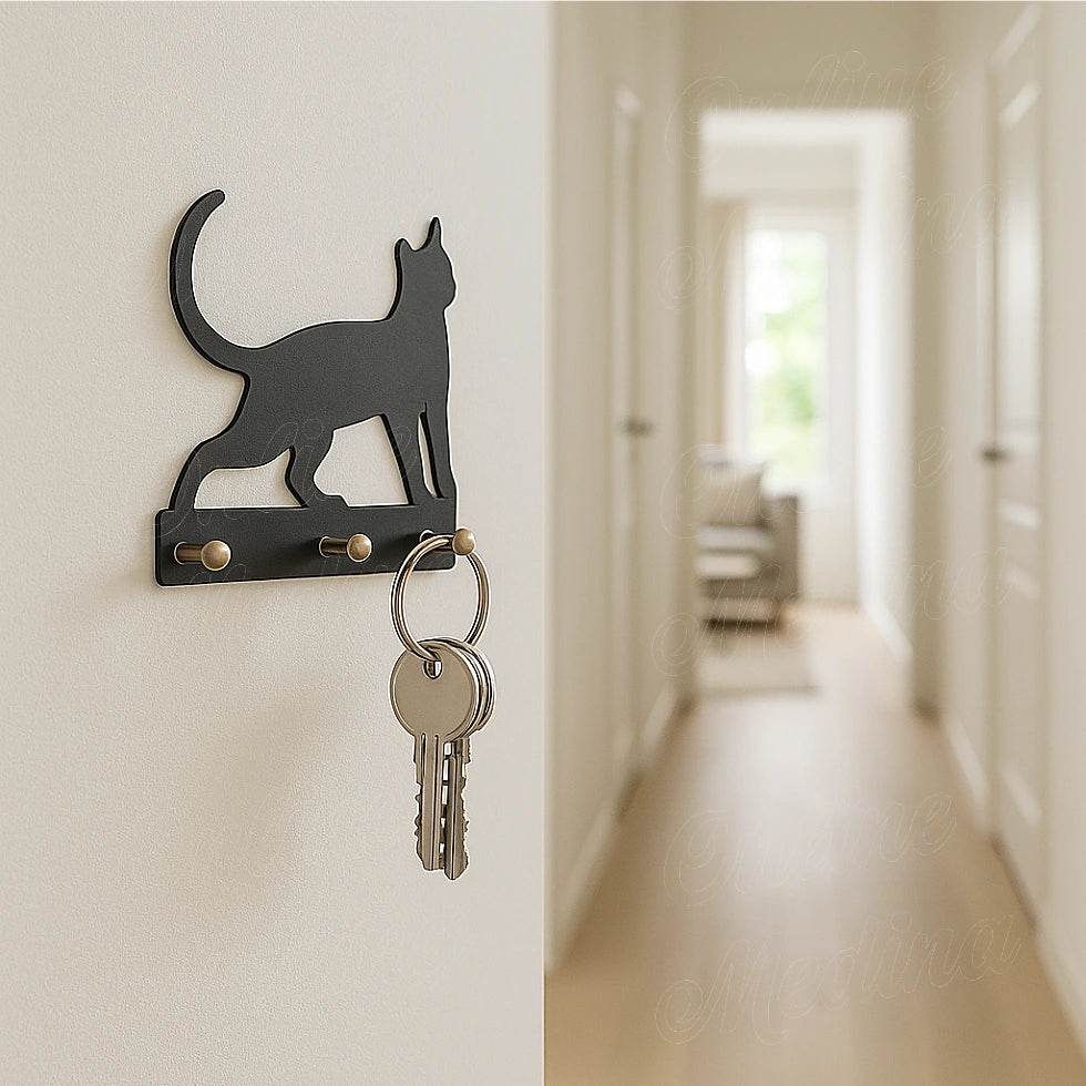 Black matte metal cat key holder for wall with brass hooks