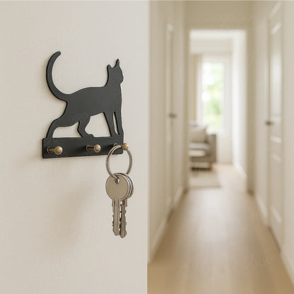 Black matte metal cat key holder for wall with brass hooks