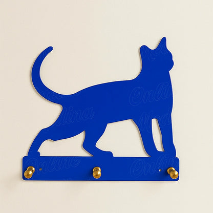Medium blue cat-shaped wall key hanger handcrafted in metal