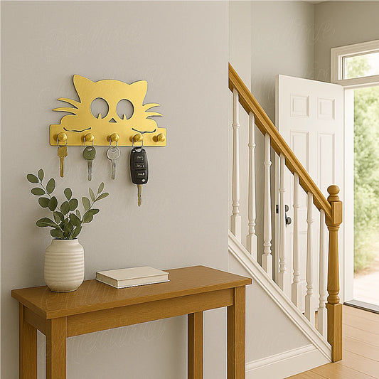 Brass cat-shaped wall key holder with keys hanging, styled in a modern entryway