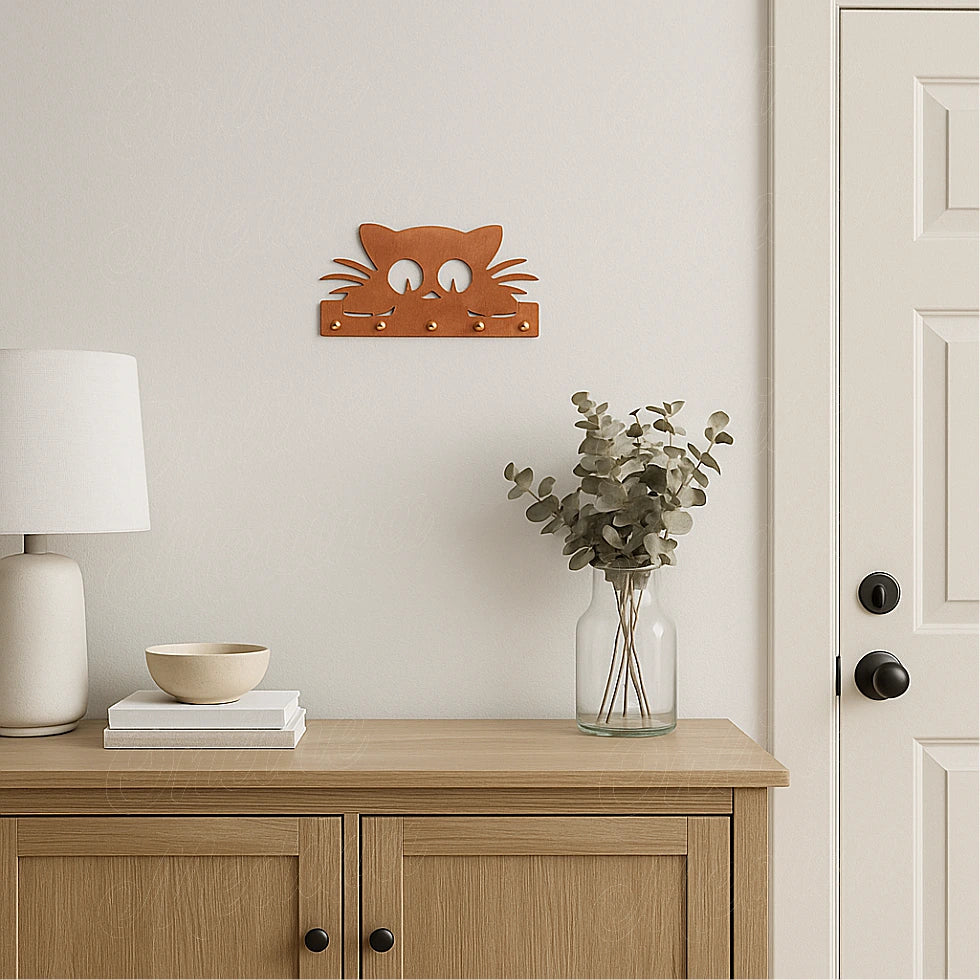 Copper cat-shaped wall key holder displayed above a wooden cabinet in a bright modern hallway