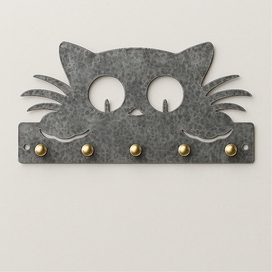 Hammered galvanized cat-shaped wall key holder with brass hooks on light background