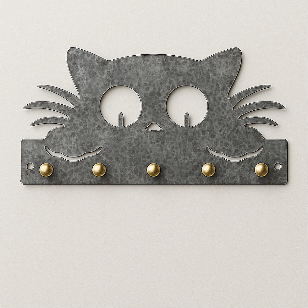 Hammered galvanized cat-shaped wall key holder with brass hooks on light background