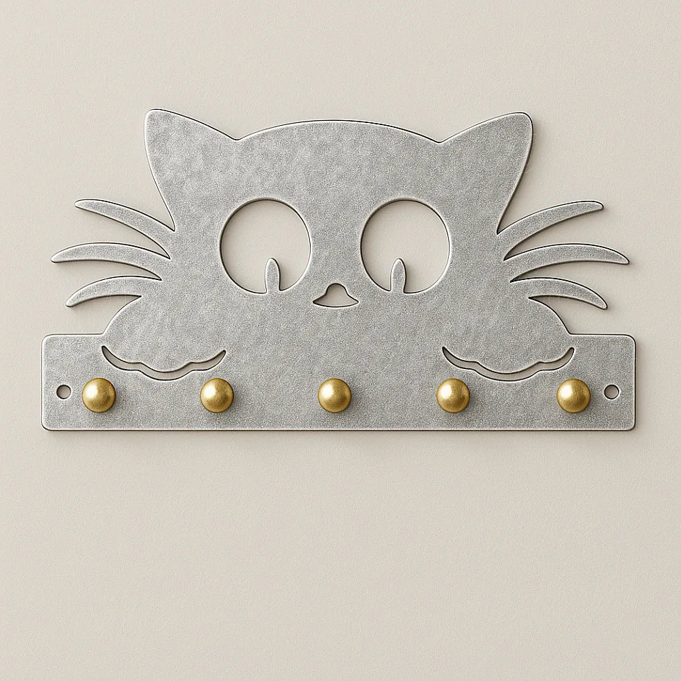Silver alloy cat-shaped wall key holder with brass hooks on neutral wall