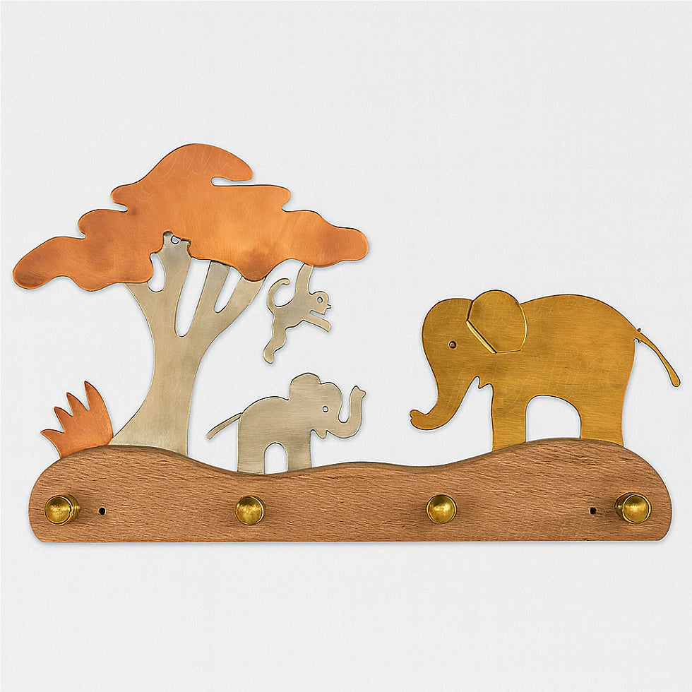 Copper and brass elephant coat rack with silver monkey on white background