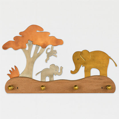 Copper and brass elephant coat rack with silver monkey on white background