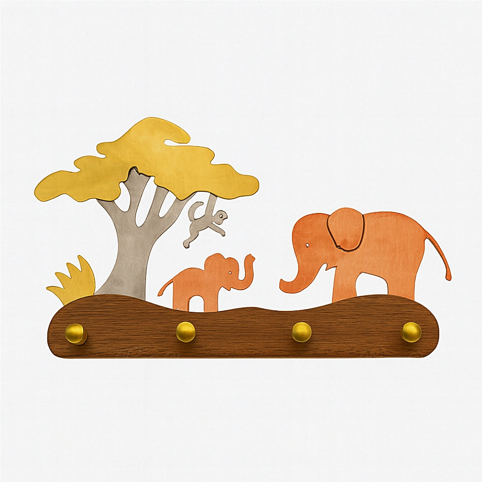 Savannah-style wall coat rack with brass tree and copper elephants on white background