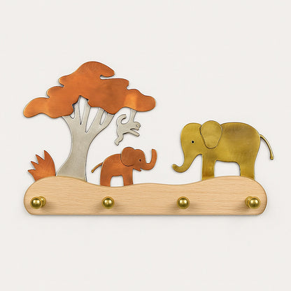 Handcrafted coat rack with brass tree, silver monkey and copper elephants on light wood base