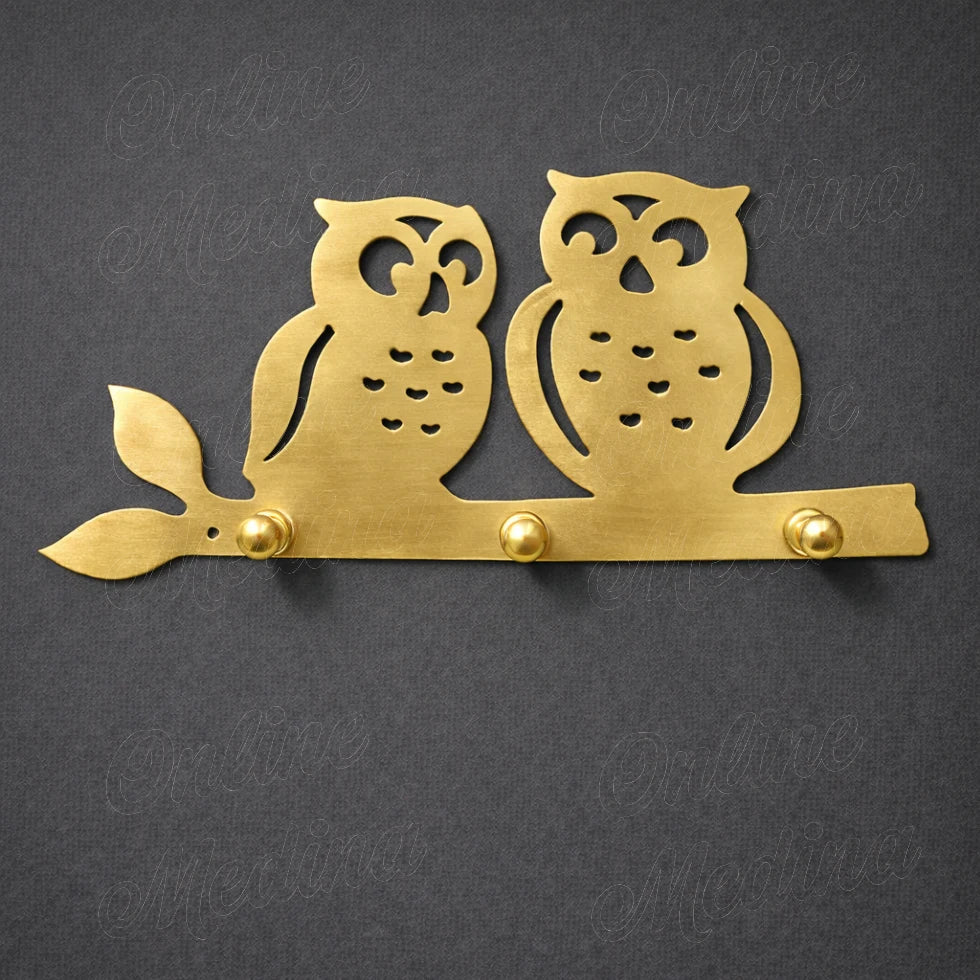 Brass owl wall key holder with three solid brass knobs