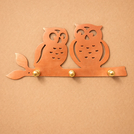 Copper owl wall key holder with brass mounting knobs