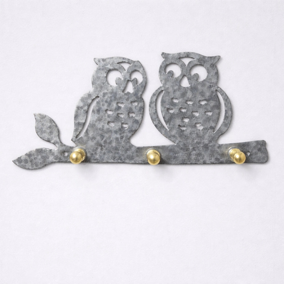 Hammered galvanized owl wall key holder with brass knobs