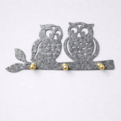 Hammered galvanized owl wall key holder with brass knobs